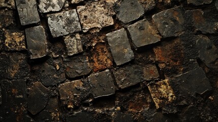 Poster - Rustic brick wall texture with uneven surfaces and dark tones ideal for backgrounds and design projects in architecture and construction themes