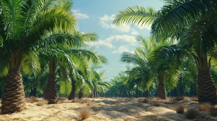 Wall Mural - Date palm trees in a lush plantation thriving under the sun with clear blue skies and well-irrigated ground in a vibrant agricultural landscape