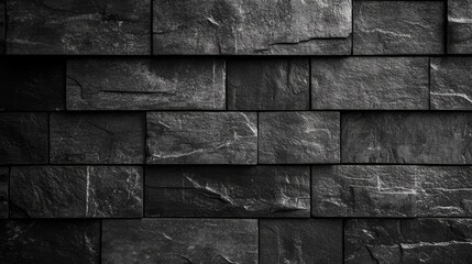 Poster - Black stone brick wall texture background for abstract designs and product displays featuring geometric patterns in horizontal and vertical lines.