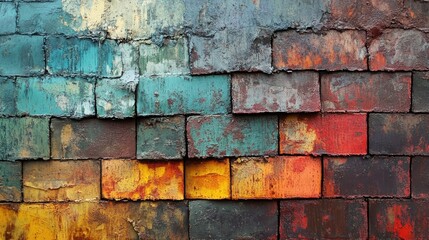 Poster - Colorful weathered brick wall surface with a distressed texture background for artistic and architectural designs.