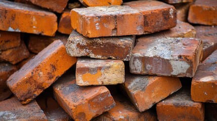 Poster - Textured red bricks stacked in a messy arrangement creating a rustic background for design or construction projects