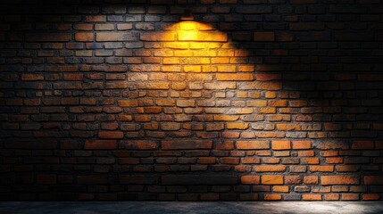 Poster - Exposed brick wall illuminated by warm yellow spotlight creating dramatic shadows and enhancing texture in a cozy industrial setting