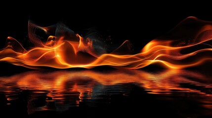 Poster - Vivid orange flames dancing on reflective surface against a solid black background creating a dramatic and mesmerizing visual effect