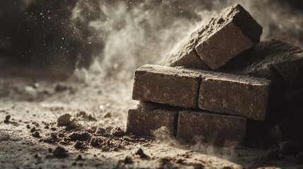 Poster - Broken brick blocks on dusty cement floor creating atmospheric texture and ample copy space for creative design needs.