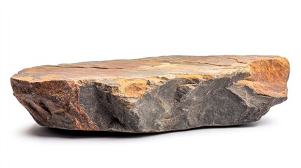 Poster - Natural Brown Rock Stone Podium for Product Display Isolated on White Background Capturing Unique Rugged Texture and Form
