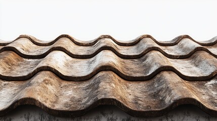 Poster - Worn Brown Concrete Roof Tiles in Wave Pattern Isolated on White Background for Architectural and Construction Design Concepts