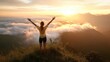 © Ilja - Woman Reaching New Heights At Sunrise, Celebrating Success On Mountain Top Above Clouds