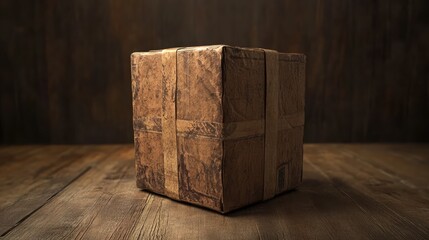 Poster - rustic brown cardboard box on wooden surface with natural lighting