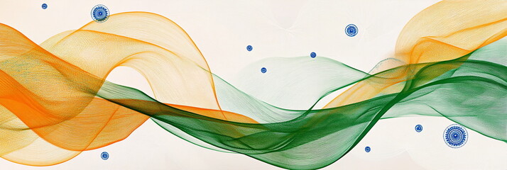 Poster - Abstract wide horizontal web banner India Republic Day backdrop with wavy saffron and green lines intersecting over a white surface, decorated with small, abstract blue Ashoka Chakra icons.