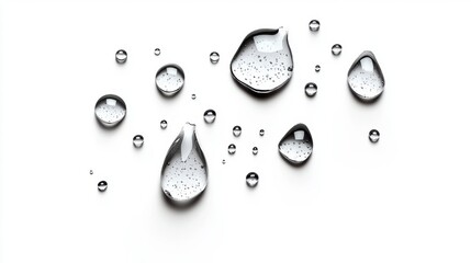 Aufkleber - A collection of clear water droplets on a white background, showcasing a range of sizes and shapes.