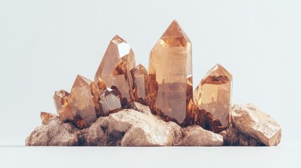 Poster - Brown quartz crystal cluster on a light background showcasing intricate facets and natural formations ideal for mineralogy and decor themes