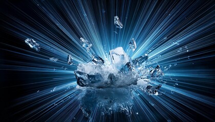 Wall Mural - powerful explosion of ice with rays and splashes in blue tones on a black background