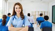 © Marko - female woman doctor nurse portrait cheerful confident standing front row in medical training class or seminar