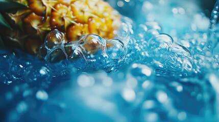 Poster - Bubbles Rising in Vibrant Blue Water with Pineapple Splashing Under the Surface