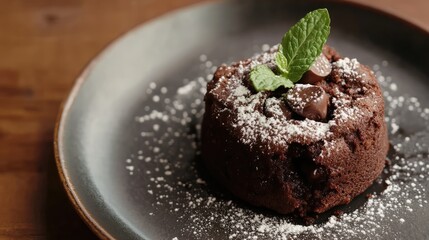 Canvas Print - Chocolate chip cookie dessert garnished with mint leaves and powdered sugar on a rustic plate closeup against wooden background