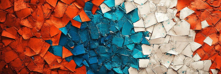 Poster - Bold wide horizontal web banner India Republic Day abstract background with a mosaic of tricolor fragments arranged in a vibrant pattern, accentuated by subtle blue Ashoka Chakra motifs.