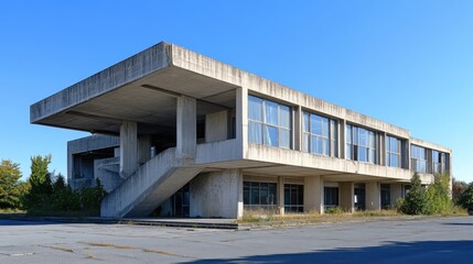 Poster - Brutalist Architecture Office Building Surrounded by Nature Under Clear Blue Sky