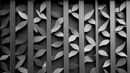 Poster - Architectural detail of a steel shade louver with leaf patterns creating texture and depth on a modern building facade in black and white.