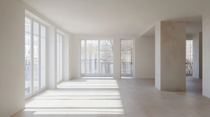 Poster - Modern interior of a renovated apartment showcasing empty space and natural light through large windows highlighting the refurbishment process.