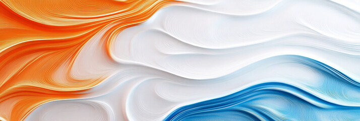 Poster - Elegant wide horizontal web banner India Republic Day abstract background with swirling patterns in the Indian tricolor, layered over a textured white base, featuring faint blue Ashoka Chakra motifs