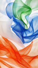 Poster - Elegant vertical social media banner India Republic Day abstract background with swirling patterns in the Indian tricolor, layered over textured white base, featuring faint blue Ashoka Chakra motifs.