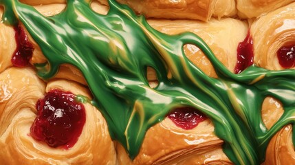 Canvas Print - Close up of freshly baked croissant with green chocolate and red jam icing perfect for a delightful continental breakfast setting