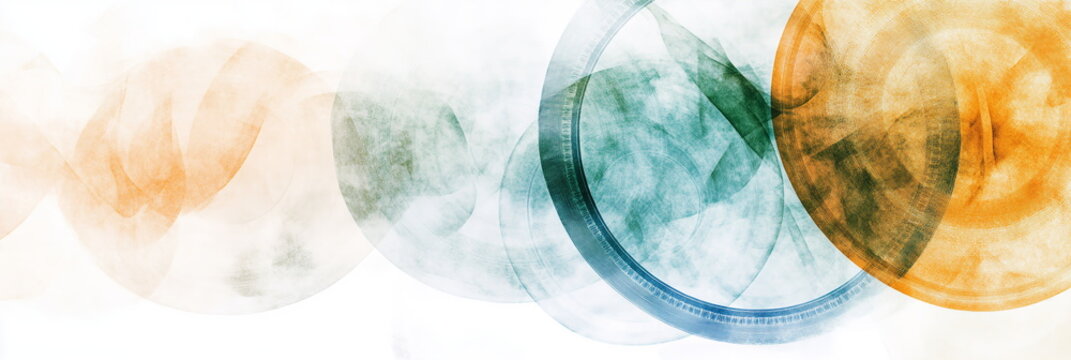 Elegant wide horizontal web banner India Republic Day abstract design with overlapping saffron and green circles, fading into a soft white background, adorned with subtle blue Ashoka Chakra outlines