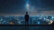 © GenZGraphics - Businessman overlooking city skyline at night reflecting ambition and vision with a starry sky backdrop and urban lights twinkling below