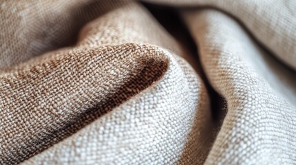 Poster - Burlap fabric close up showcasing beige and brown texture with soft fibers ideal for design backgrounds or product displays.