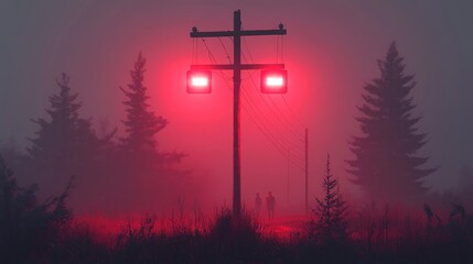 Wall Mural - Two figures walk down a foggy road lit by a red light.