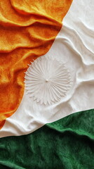 Poster - Minimalist vertical social media banner India Republic Day scene with wide, sweeping arcs of saffron and green across a white canvas, accented by a delicate, detailed Ashoka Chakra pattern.
