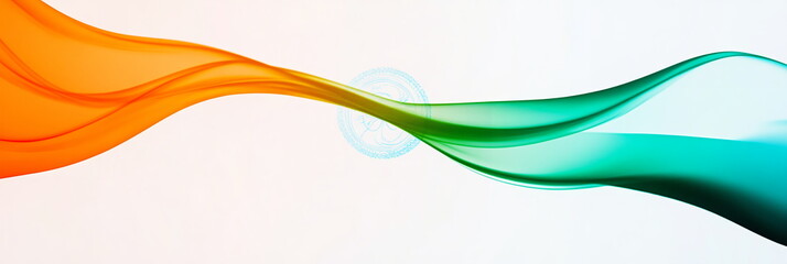 Poster - Minimalistic wide horizontal web banner India Republic Day backdrop with a white canvas, overlaid by simple saffron and green stripes, with a faint blue Ashoka Chakra fading into the background.
