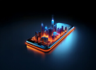 Poster - A futuristic cityscape miniature sits atop a glowing smartphone, symbolizing mobile technology and urban development.  The scene is dark, highlighting the vibrant city lights.