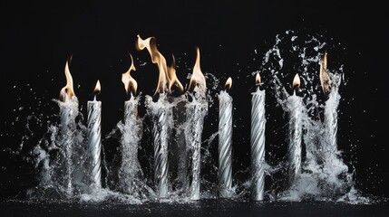 Poster - Silver birthday candles burning with flames and splashes of water on a dark background creating a dramatic and festive atmosphere.