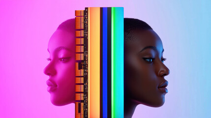 Canvas Print - RAM and Gaming. A striking image featuring a profile of a woman against vibrant colored backgrounds, with books adding depth and artistic flair.