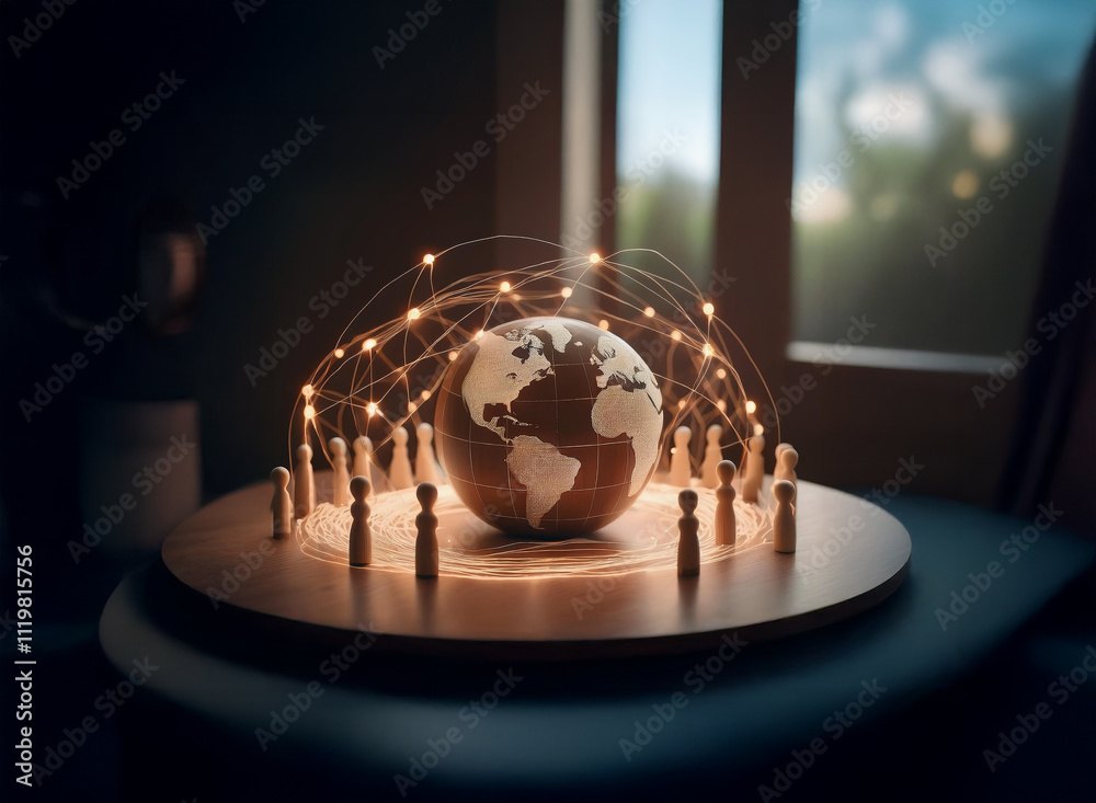 A miniature world globe sits on a wooden platform, encircled by small ...