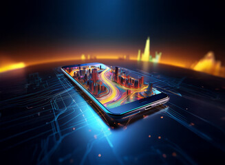 Aufkleber - a futuristic city model displayed on a smartphone screen, resting on a glowing circuit board. the vi