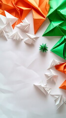 Poster - Modern vertical social media banner India Republic Day scene with a series of layered triangles in the Indian tricolor, arranged in a dynamic pattern on a clean white background with copy space