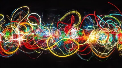 Poster - Vibrant Swirls of Colorful Light Trails Against a Dark Background Creating an Abstract Designs for Use in Modern Art Projects and Creative Designs
