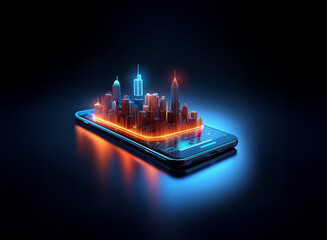 Poster - A futuristic cityscape glows vibrantly, seemingly emanating from a smartphone screen, highlighting the concept of mobile technology and urban connectivity.  The scene is dark, emphasizing the city lig