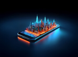 Aufkleber - A futuristic cityscape, rendered in vibrant blue and orange hues, sits atop a sleek smartphone, symbolizing the convergence of technology and urban life.  The scene is dark and sleek, highlighting the