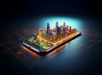 Aufkleber - a vibrant, miniature cityscape glows brightly within a sleek smartphone, symbolizing the connection 