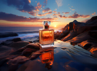 Aufkleber - A perfume bottle sits on rocks by the ocean at sunset, its amber liquid reflecting the fiery sky.  The waves gently crash against the shore.