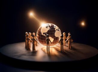 Poster - A glowing glass Earth encircled by figures holding hands, symbolizing global unity and connection under a radiant light source.  A scene of hope and collaboration.