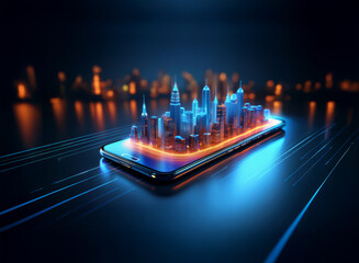 Poster - A vibrant, futuristic city skyline digitally displayed on a smartphone, symbolizing mobile connectivity and urban development.  The scene is illuminated with bright blue and orange hues, suggesting te