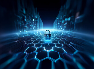Aufkleber - A glowing padlock sits at the center of a futuristic, hexagonal digital landscape.  It symbolizes cybersecurity and data protection in a network environment.