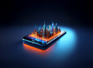 Aufkleber - A vibrant, futuristic cityscape miniature sits atop a sleek smartphone, illuminated by glowing blue and orange light, symbolizing mobile technology and urban development.