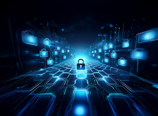 Aufkleber - Abstract digital artwork depicting a glowing blue pathway of interconnected hexagons, lined with digital locks, leading to a central, larger padlock.  Represents cybersecurity and data protection.