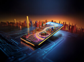 Leinwandbilder - a futuristic city scene is displayed on a smartphone resting on a circuit board. the vibrant citysca