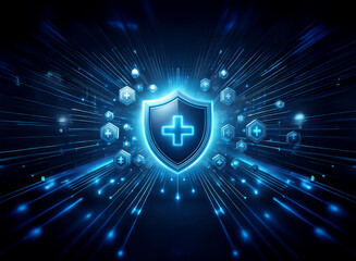 Aufkleber - A glowing blue shield with a cross, surrounded by radiating energy and hexagonal health symbols, represents digital health security and protection.